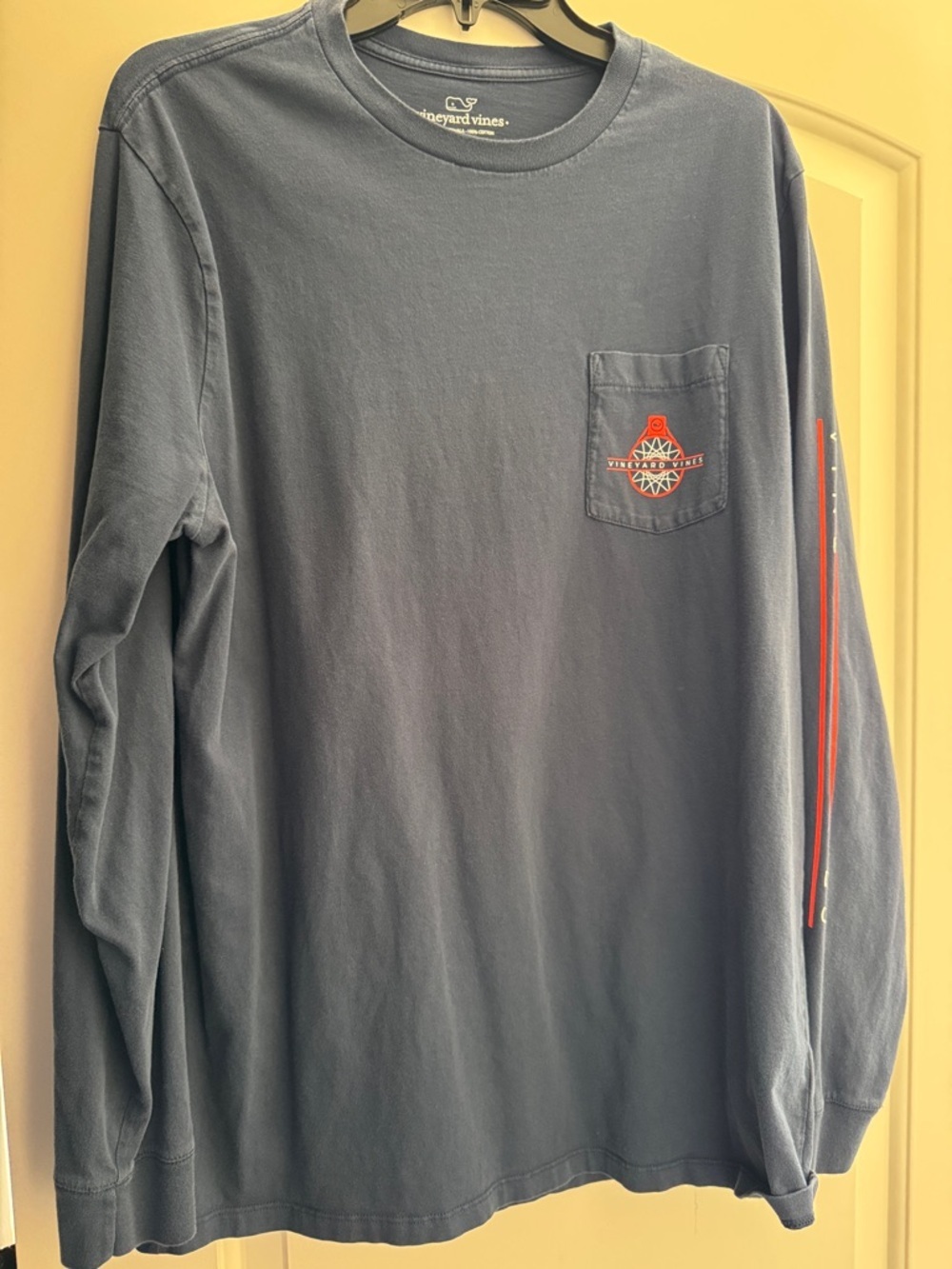 Vineyard Vines Men's Long-Sleeve Pocket Tee in Slate Blue with Red Logo